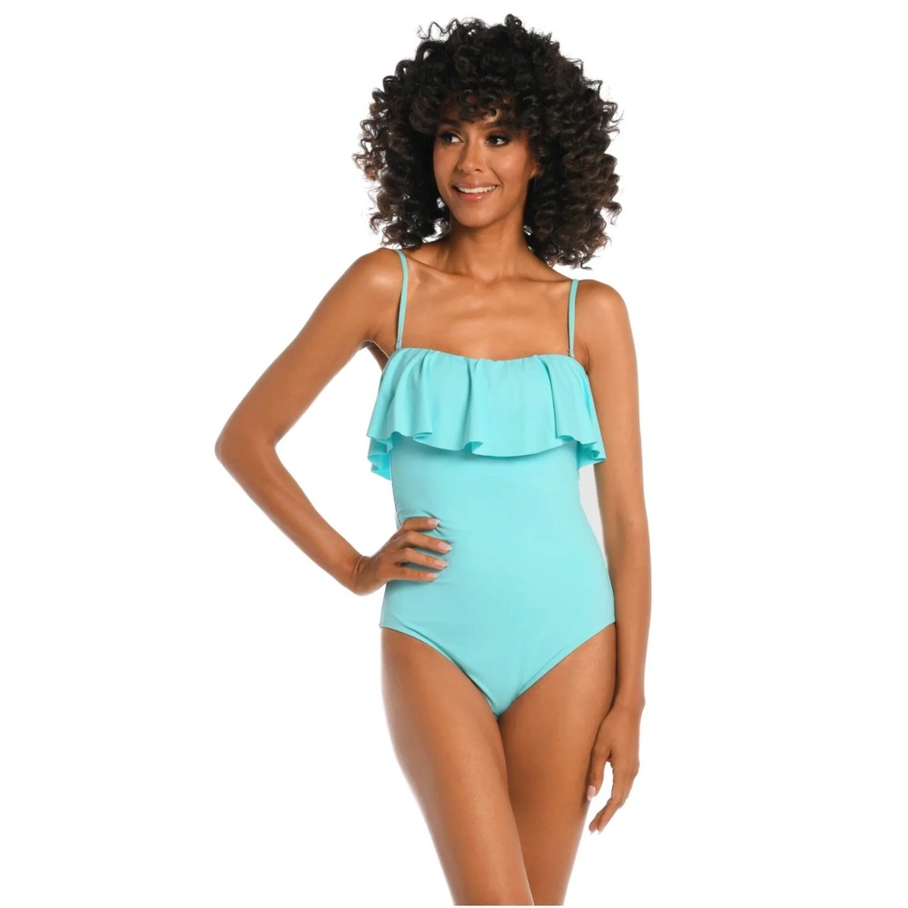 La Blanca One Piece Bandeau 12 Aqua Ruffle Lace Up Swim New